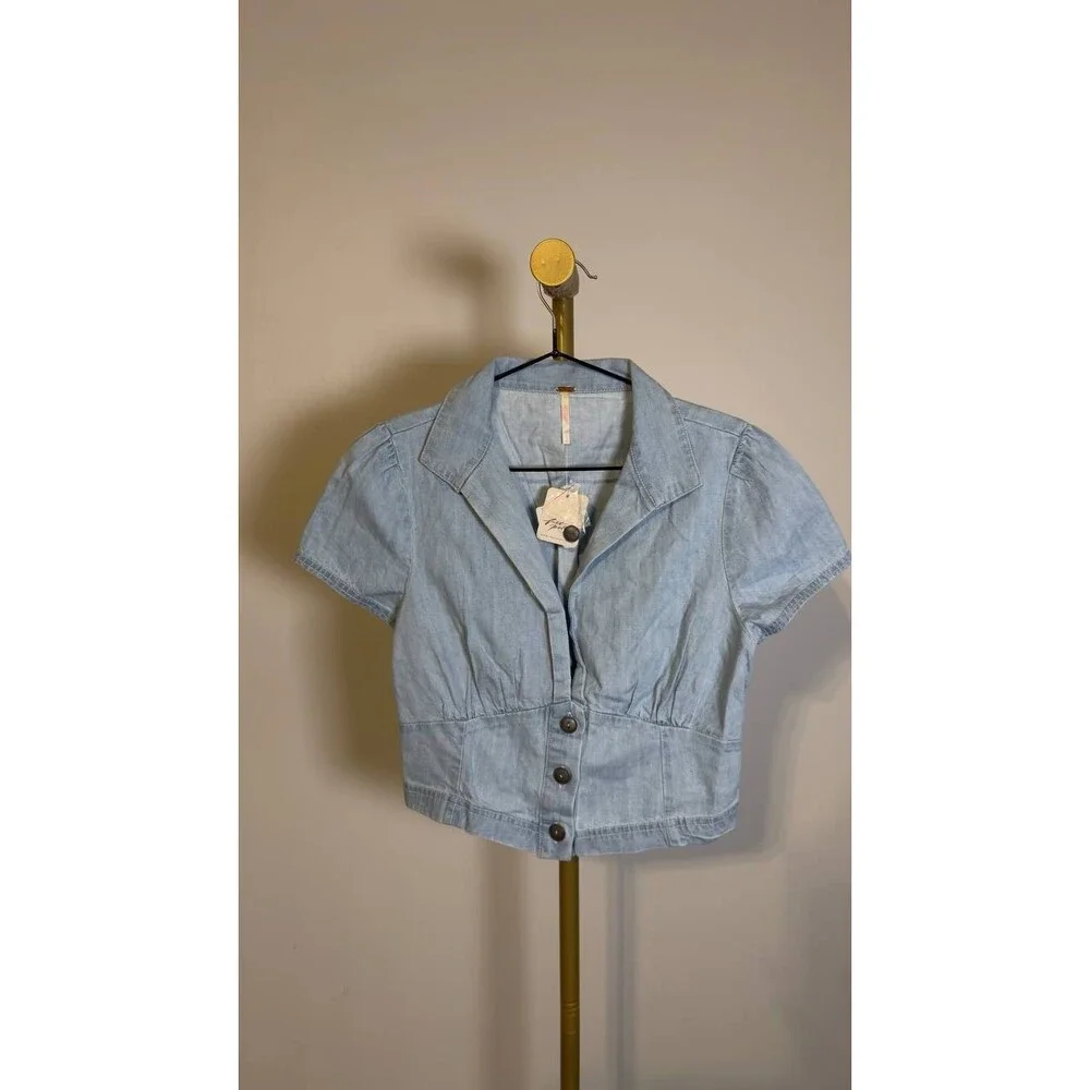 Free People Easy Does It Crop Cotton Button-Up Top Ice Crush S/P NWT $45